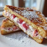 Two halves of golden brown stuffed french toast filled with cream cheese and strawberries, dusted with powdered sugar.