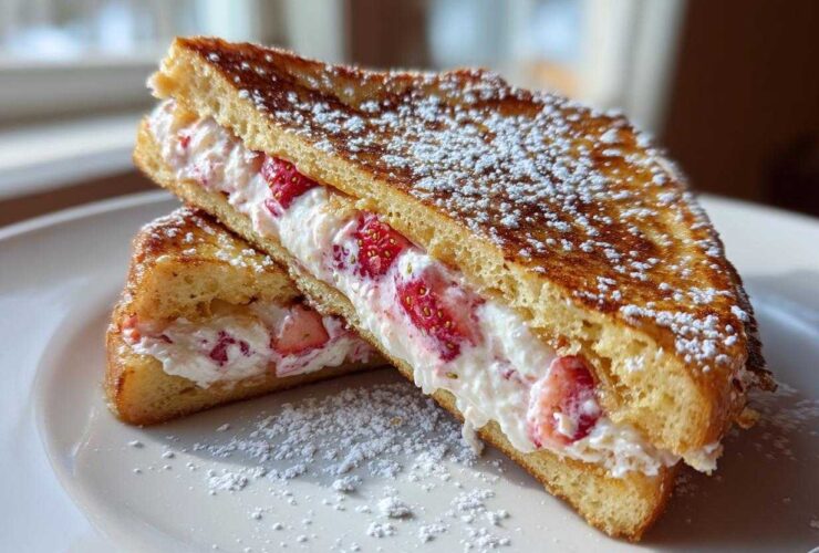 Two halves of golden brown stuffed french toast filled with cream cheese and strawberries, dusted with powdered sugar.