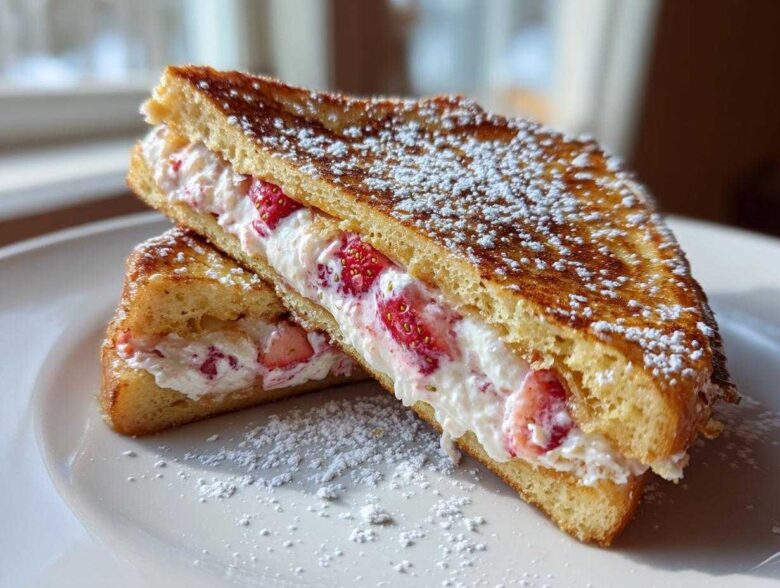 Two halves of golden brown stuffed french toast filled with cream cheese and strawberries, dusted with powdered sugar.