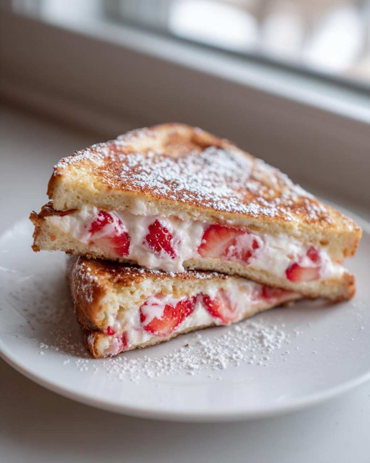 Two halves of strawberry stuffed french toast stacked on a white plate, dusted with powdered sugar.