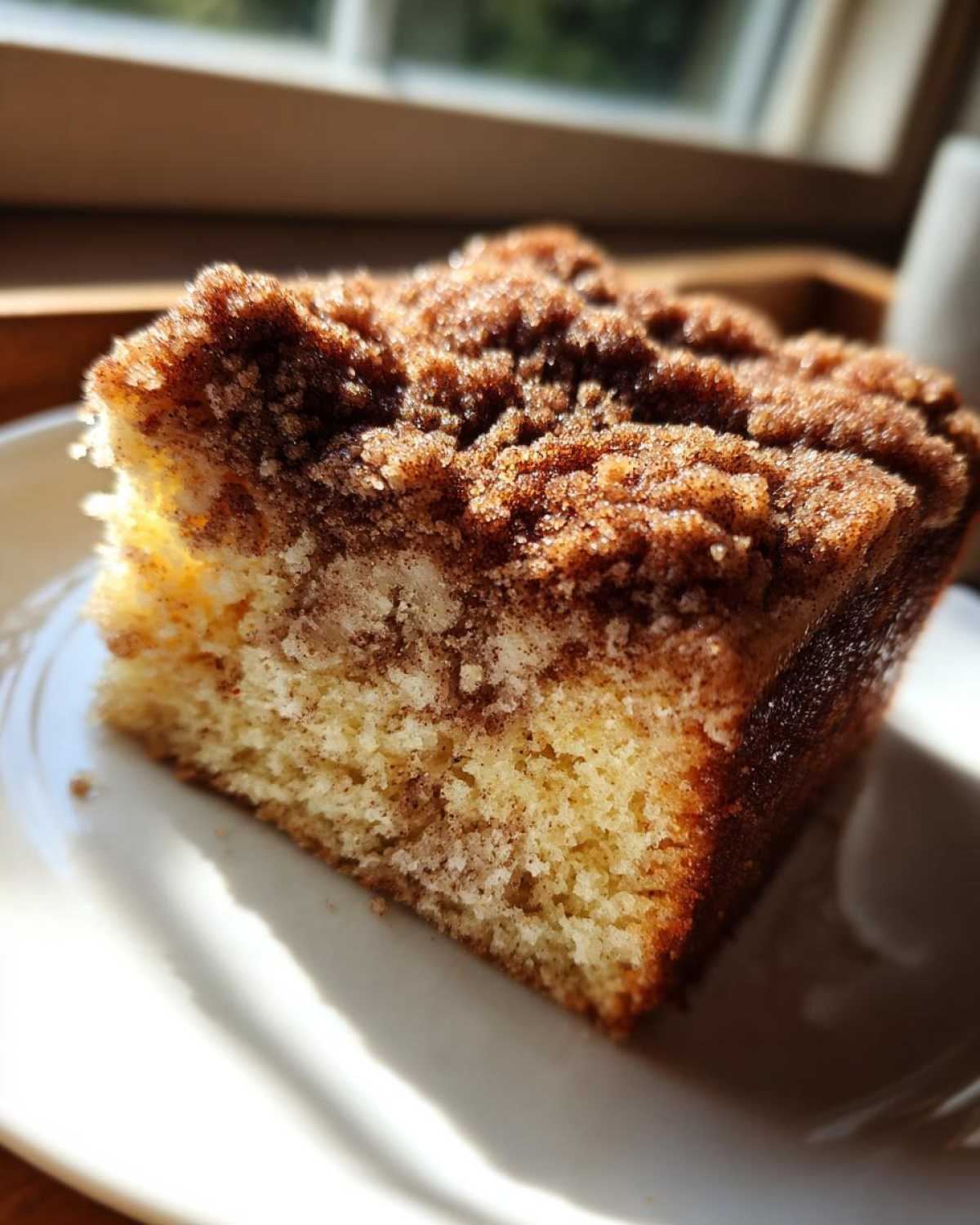 A close-up, sunlit slice of moist coffee cake with a thick, crumbly cinnamon streusel topping.