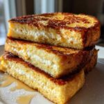 Three thick slices of golden brown, stuffed french toast stacked on a white plate, drizzled with syrup.