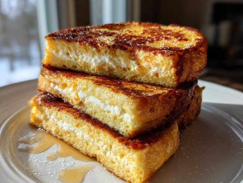 Three thick slices of golden brown, stuffed french toast stacked on a white plate, drizzled with syrup.