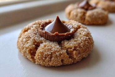 A close-up of a freshly baked, sugar-coated peanut butter kiss cookie with a melted chocolate kiss pressed into the center.