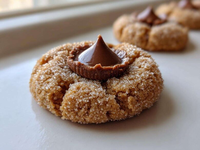 A close-up of a freshly baked, sugar-coated peanut butter kiss cookie with a melted chocolate kiss pressed into the center.