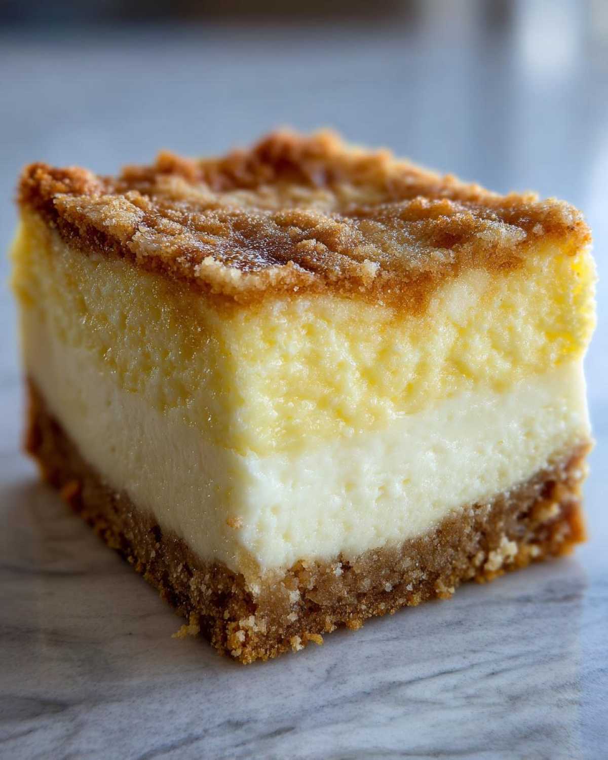 A perfect square slice of sugar cookie cheesecake with a thick graham cracker crust and crumb topping.