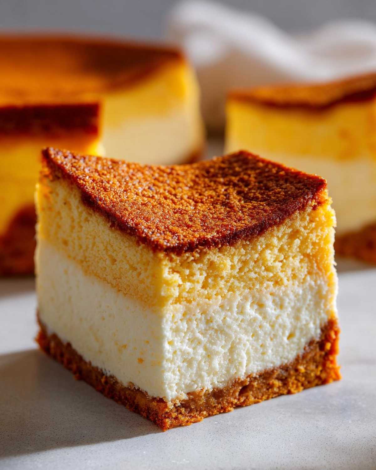 Close-up of a layered sugar cookie cheesecake slice showing a crust, creamy white filling, and golden top layer.