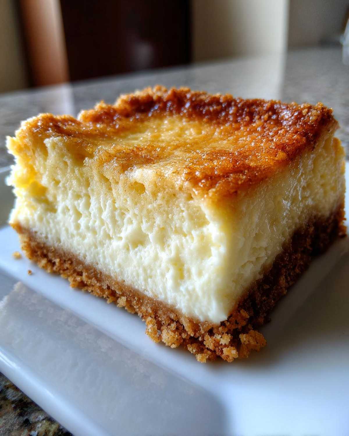 A close-up of a rich, creamy slice of sugar cookie cheesecake with a golden-brown top and thick crust.