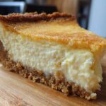 Close-up of a thick slice of sugar cookie cheesecake showing the creamy filling and brown crust.