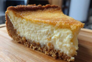 Close-up of a thick slice of sugar cookie cheesecake showing the creamy filling and brown crust.