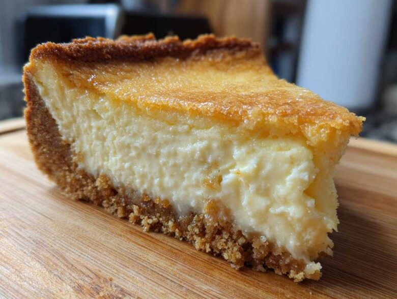 Close-up of a thick slice of sugar cookie cheesecake showing the creamy filling and brown crust.