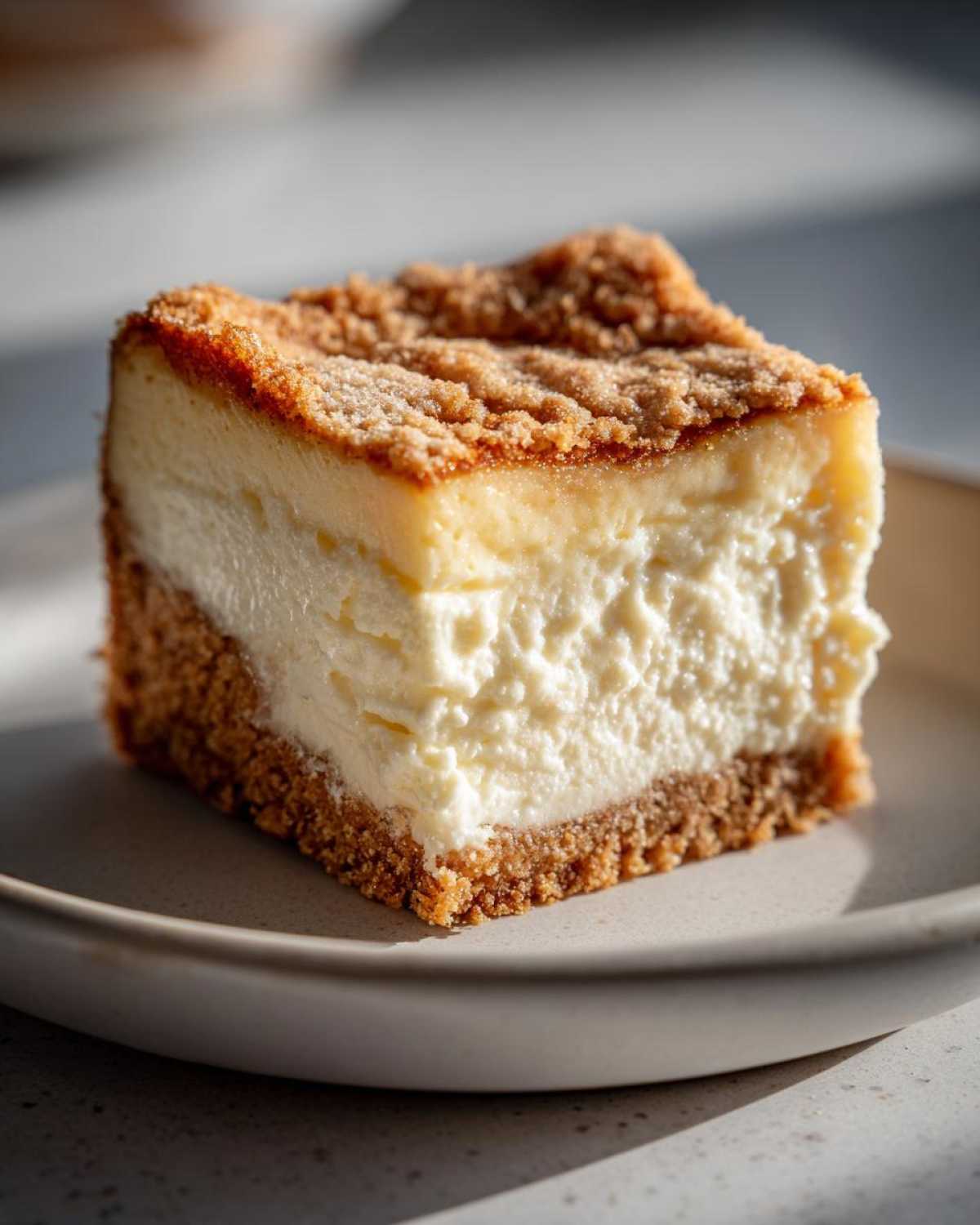 Close-up of a rich slice of sugar cookie cheesecake with a thick, creamy filling and a brown sugar cookie crust and topping.