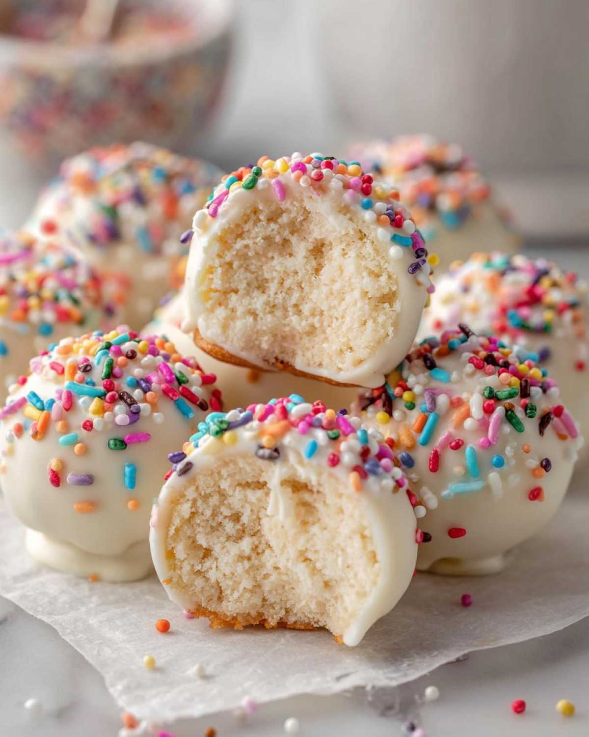 A close-up of several white chocolate-coated sugar cookie truffles, one of which is bitten open showing the soft interior.