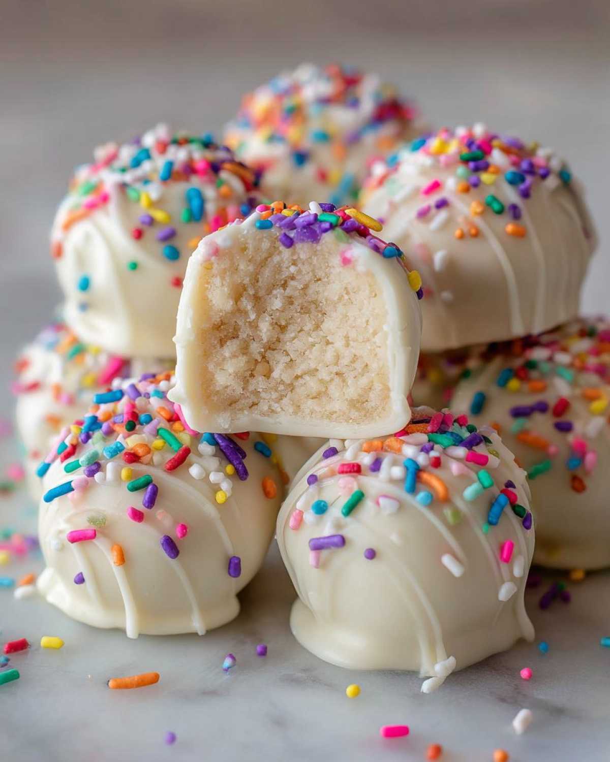 A stack of white chocolate-coated sugar cookie truffles topped with rainbow sprinkles, one cut open showing the soft center.
