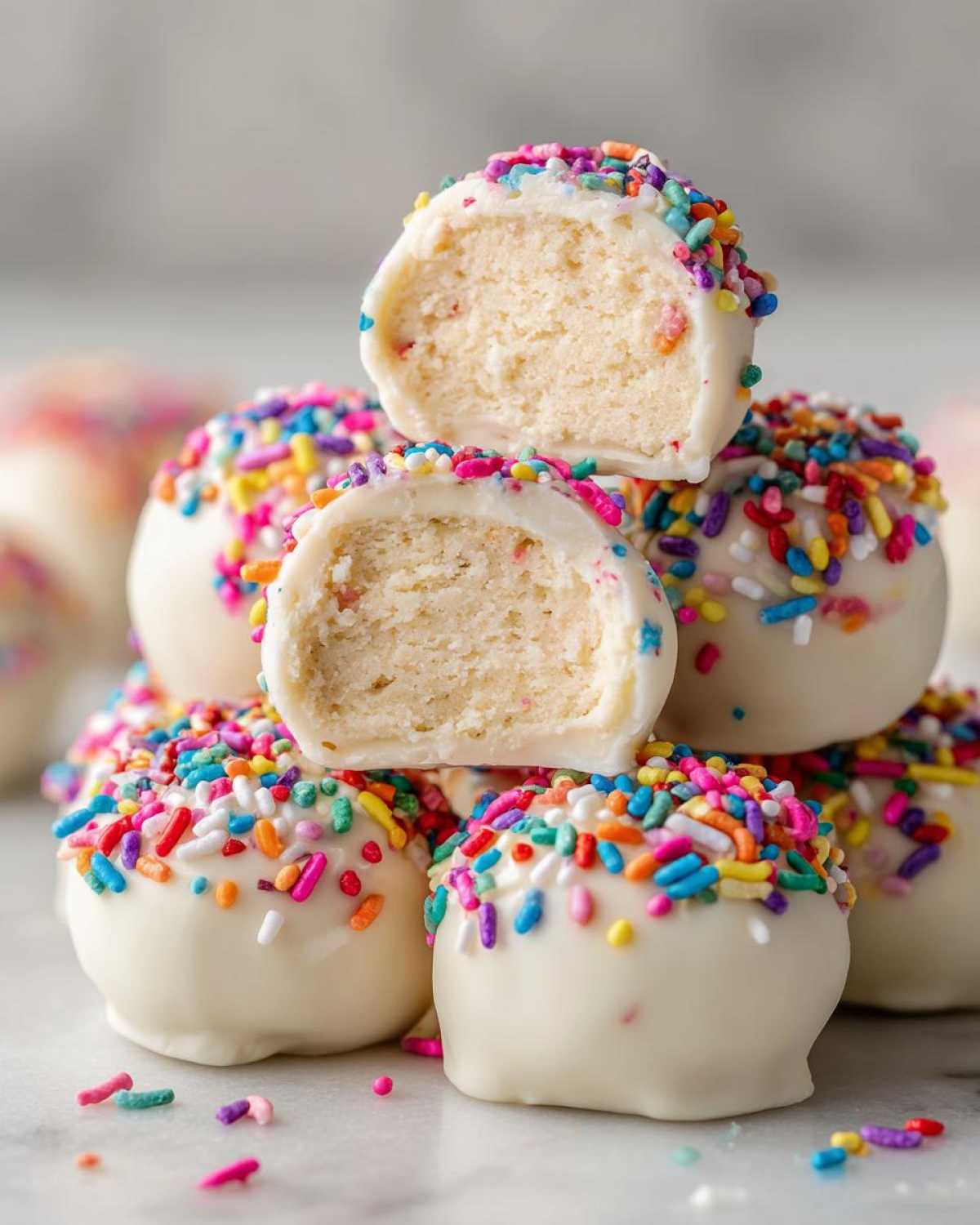A stack of white chocolate coated sugar cookie truffles covered in rainbow sprinkles, with one truffle cut in half showing the soft interior.