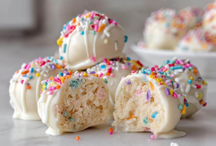 A close-up of white chocolate coated sugar cookie truffles, one cut open showing the soft interior.