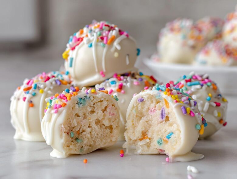A close-up of white chocolate coated sugar cookie truffles, one cut open showing the soft interior.