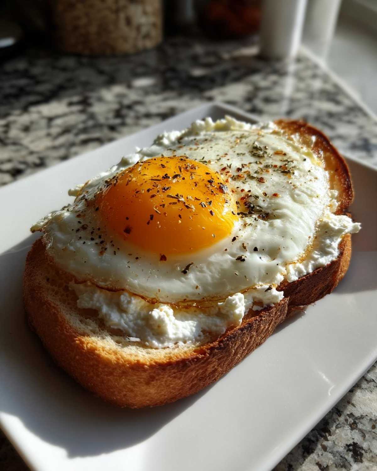 Close-up of a perfect sunny-side up egg toast topped with creamy ricotta cheese and herbs.