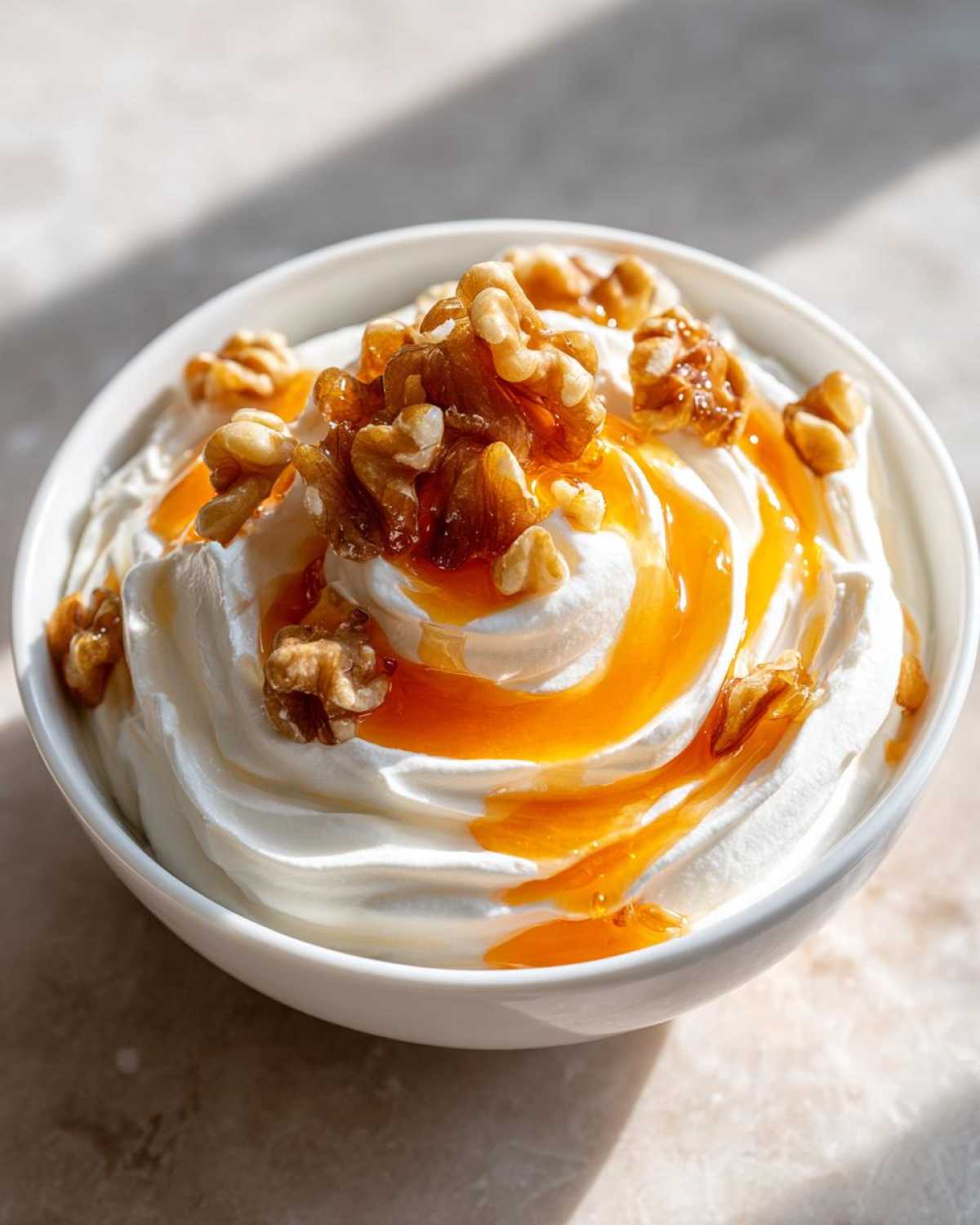 Close-up of a bowl of creamy whipped ricotta dip drizzled with honey and topped with candied walnuts.