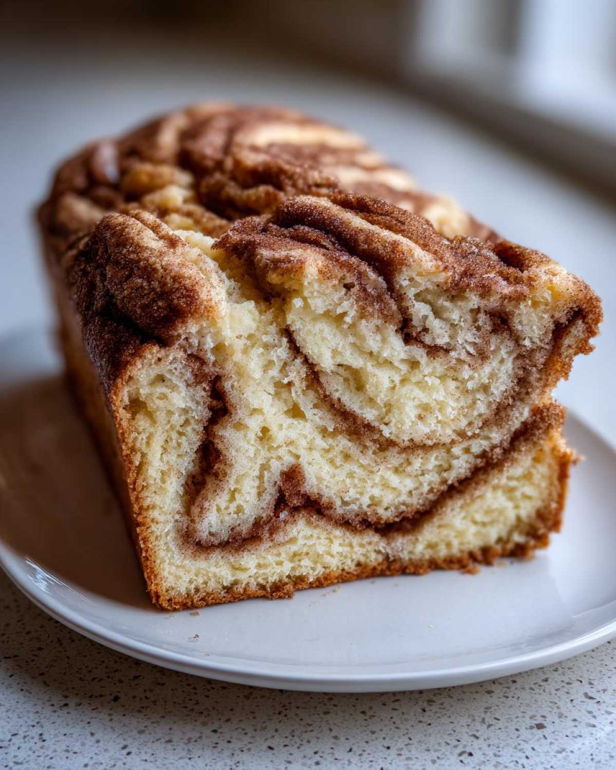 A close-up view of a freshly baked slice of cinnamon bread showing the soft interior and rich cinnamon swirls.