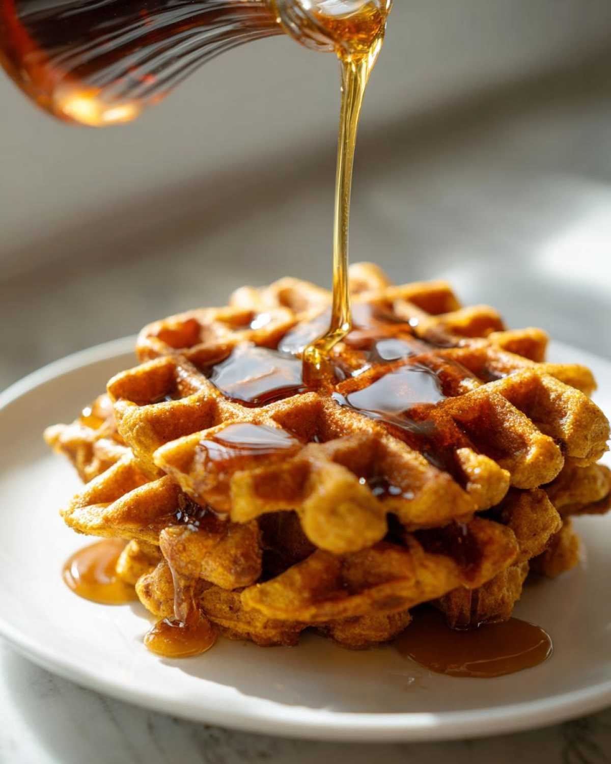 A stack of golden brown pumpkin waffles being drizzled generously with syrup from above.