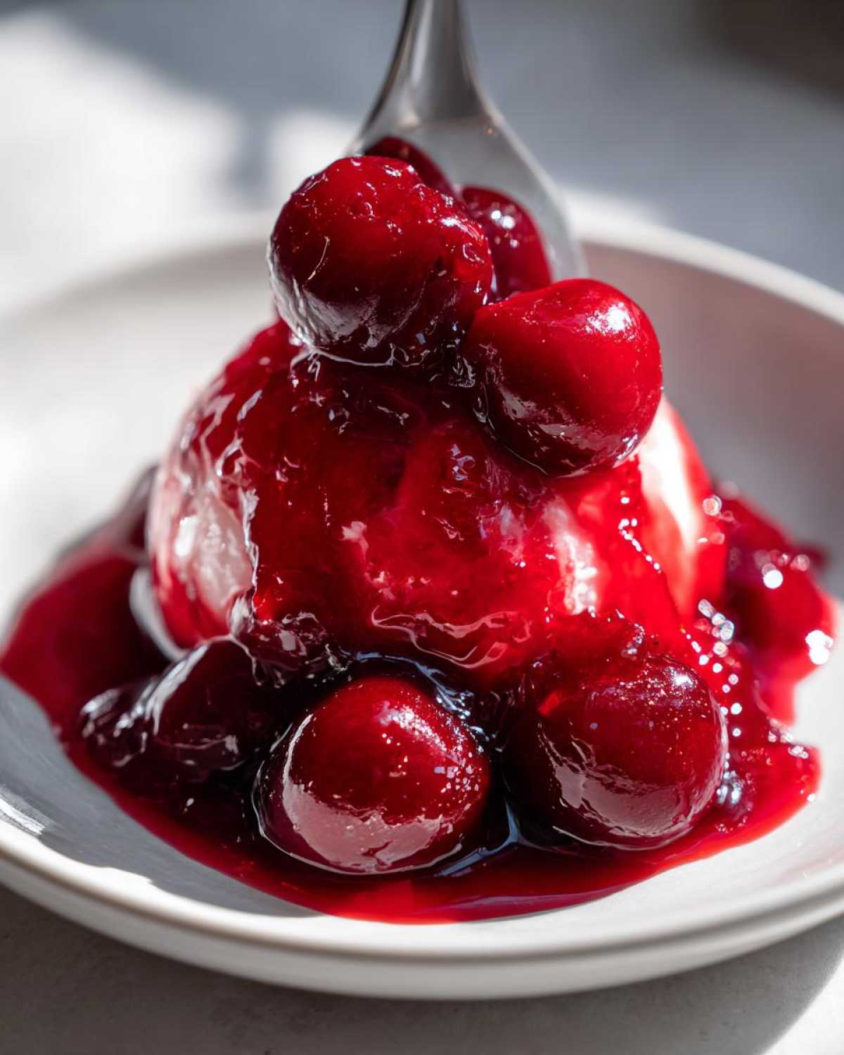Close-up of glossy, thick cherry pie filling with whole cherries spooned over vanilla ice cream.