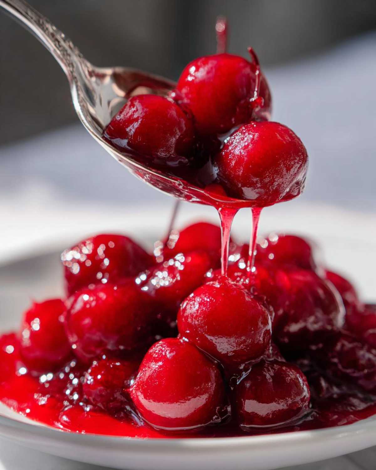 A silver spoon lifts glossy, thick cherry pie filling, showing the rich red color and syrupy texture.