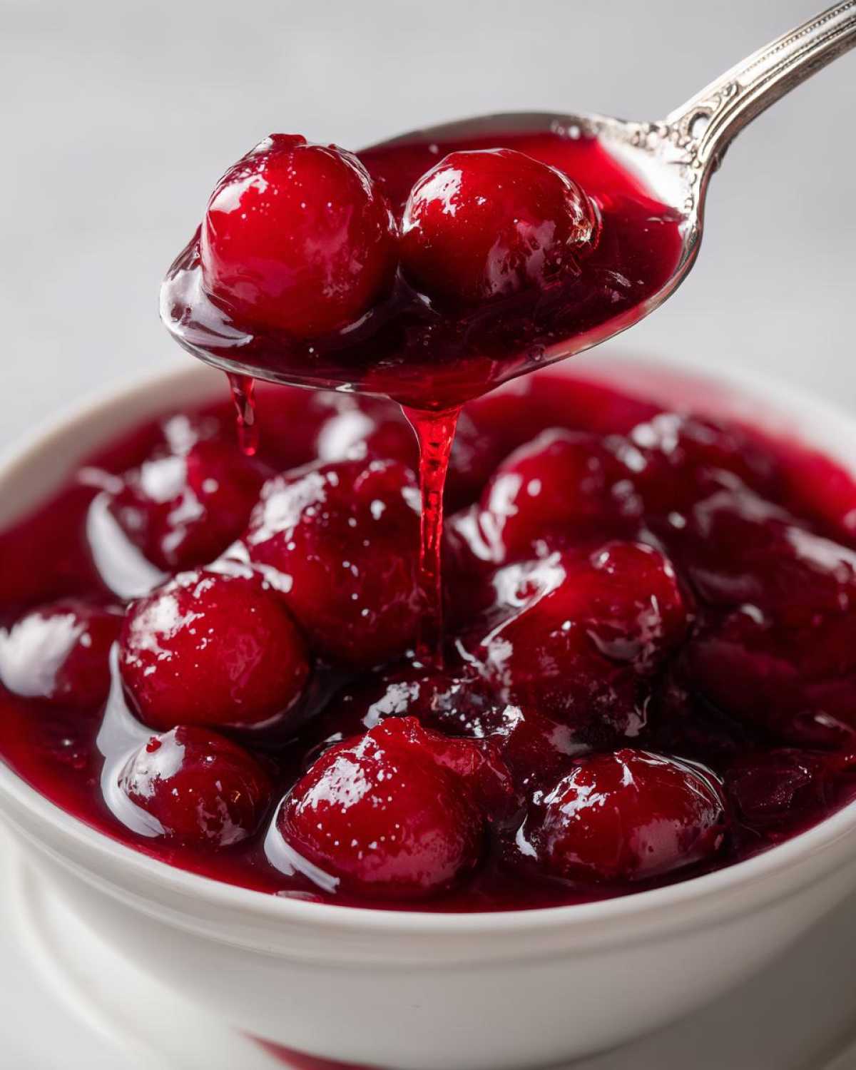 Close-up of thick cherry pie filling being lifted from a bowl with an ornate silver spoon.
