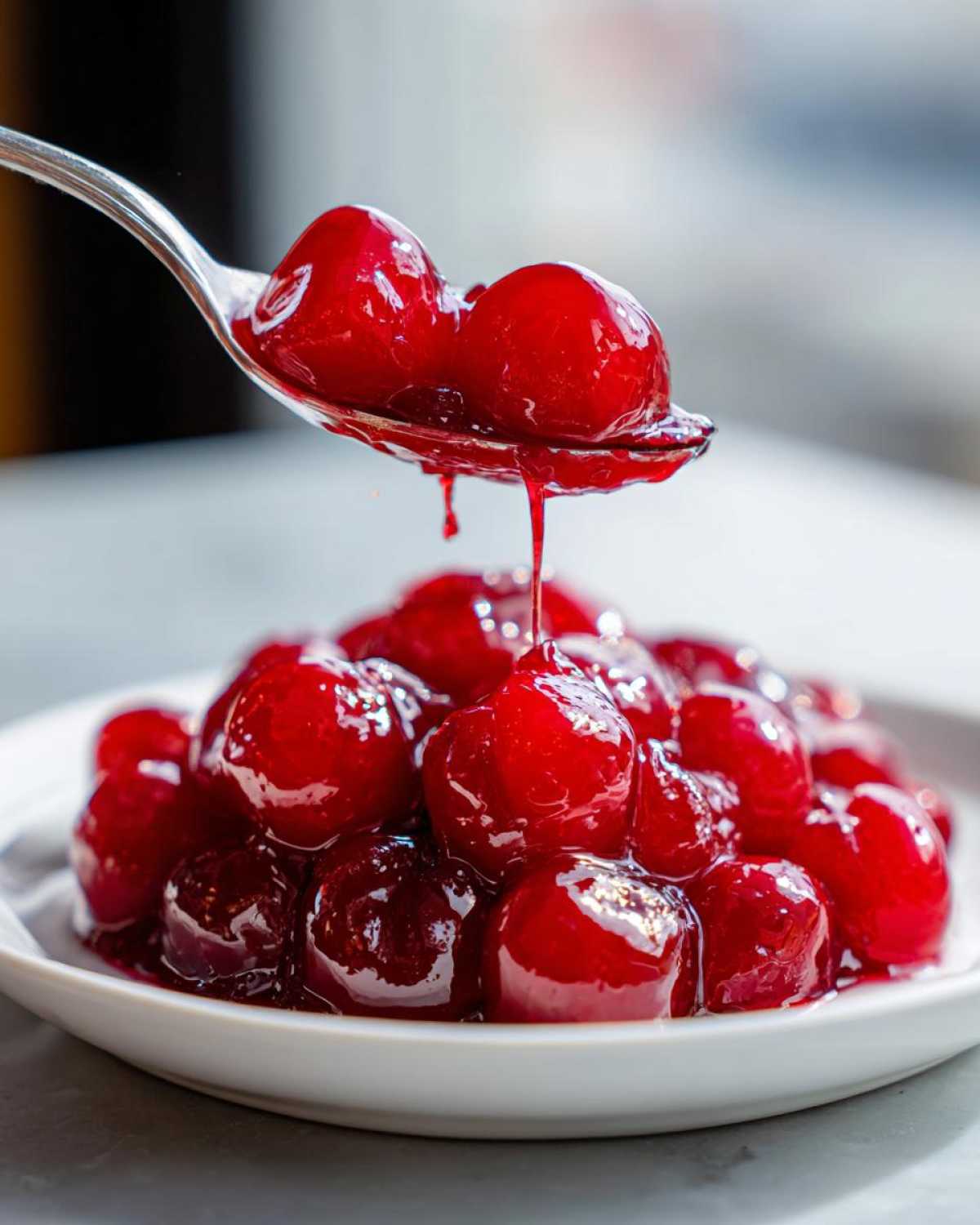 A spoonful of thick, glossy cherry pie filling dripping back onto a white plate full of the vibrant red filling.