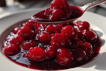 A spoonful of thick, glossy cherry pie filling being lifted from a white bowl filled with vibrant red cherries.