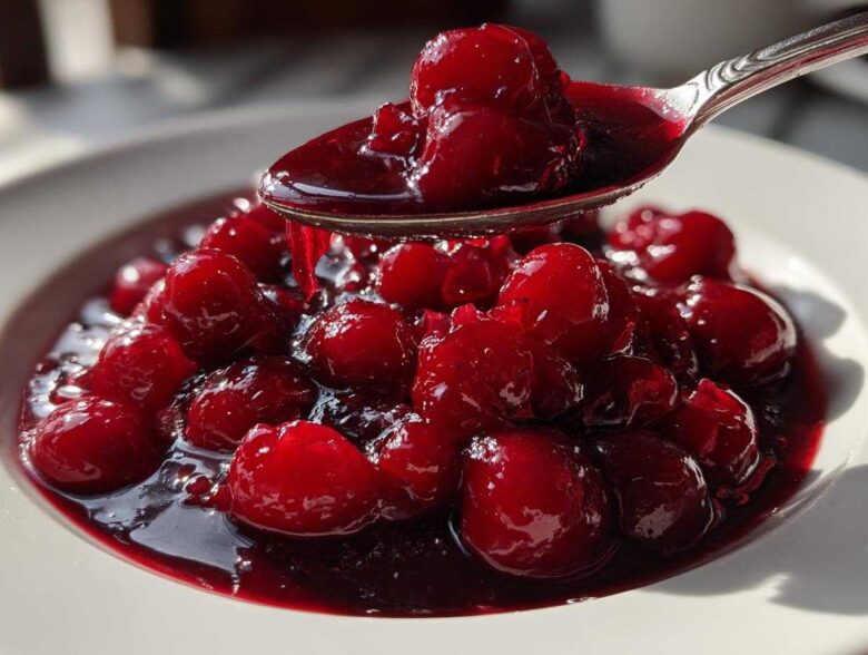 A spoonful of thick, glossy cherry pie filling being lifted from a white bowl filled with vibrant red cherries.