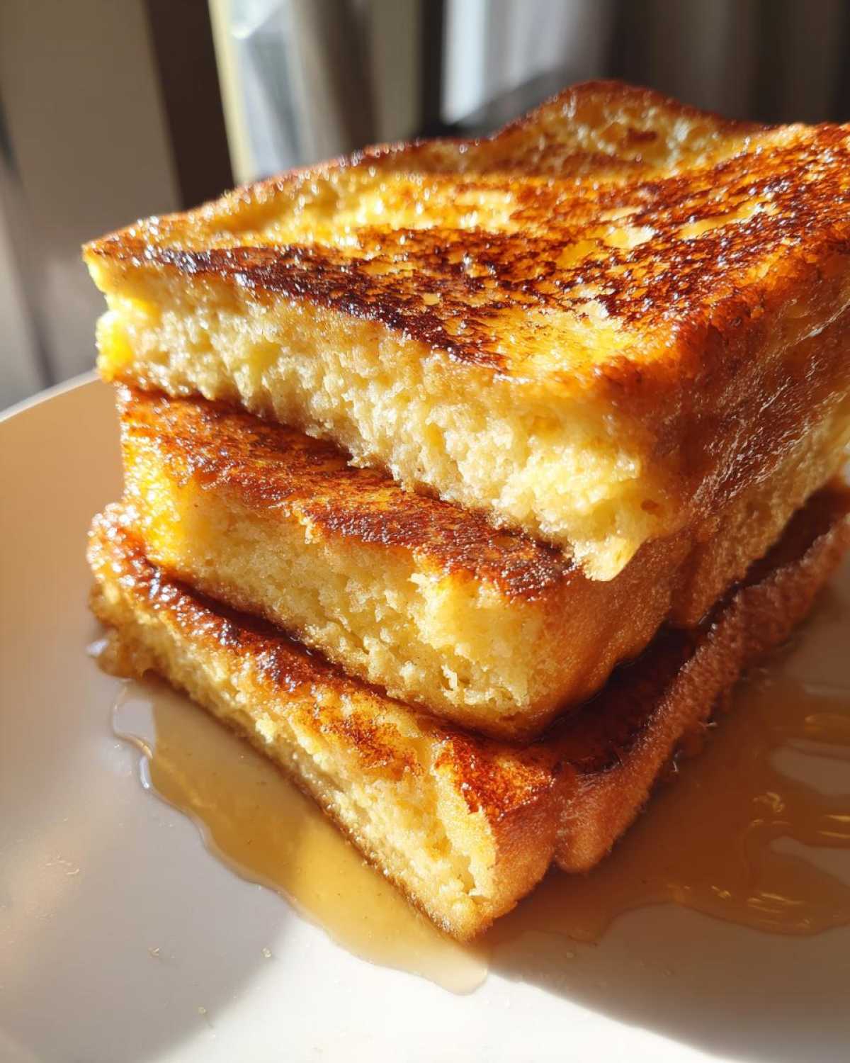 Close-up of three thick slices of golden brown french toast stacked on a white plate with syrup pooling underneath.