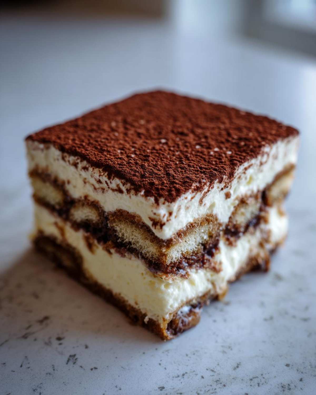 A close-up of a perfectly layered slice of tiramisu recipe, dusted heavily with cocoa powder.