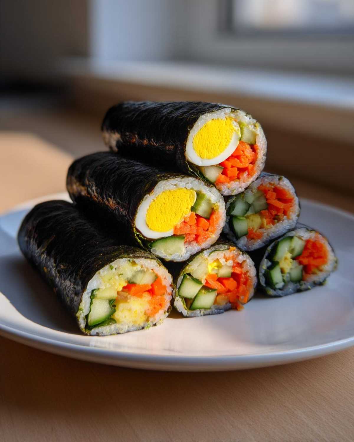 A stack of freshly cut tuna kimbap rolls showing bright yellow egg, orange carrots, and green cucumber fillings.