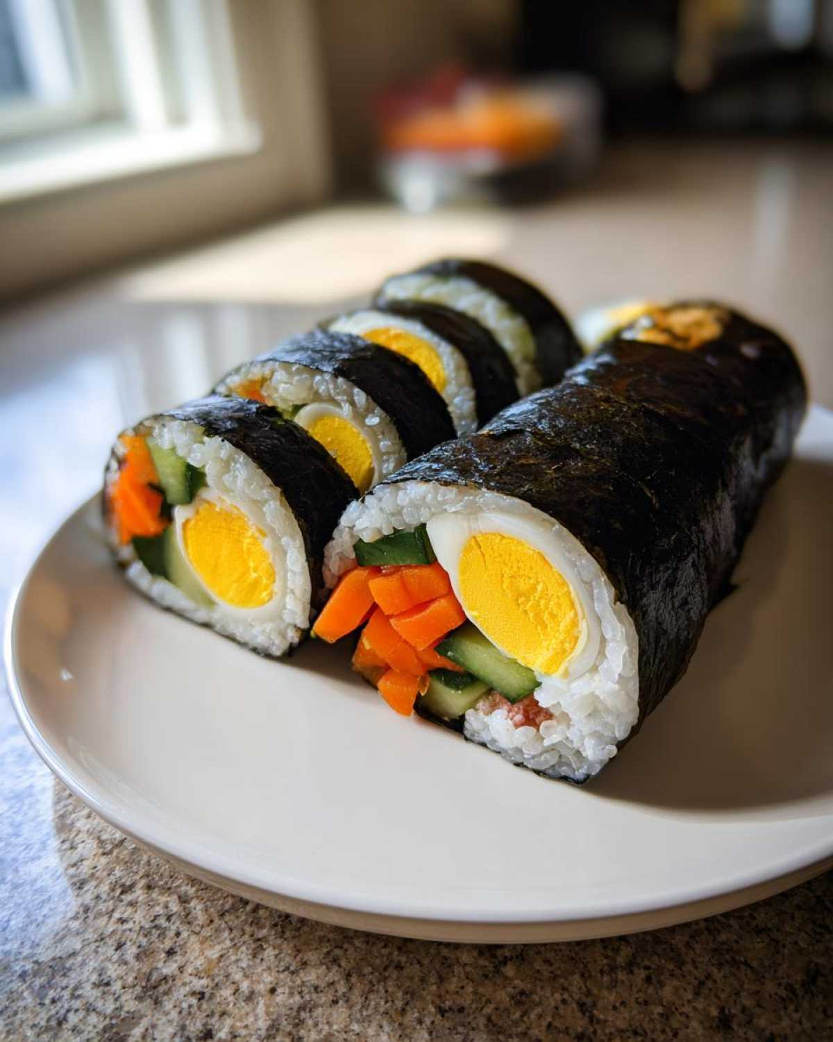 Close-up of sliced tuna kimbap rolls showing bright yellow egg, orange carrots, and green cucumber inside the seaweed wrap.