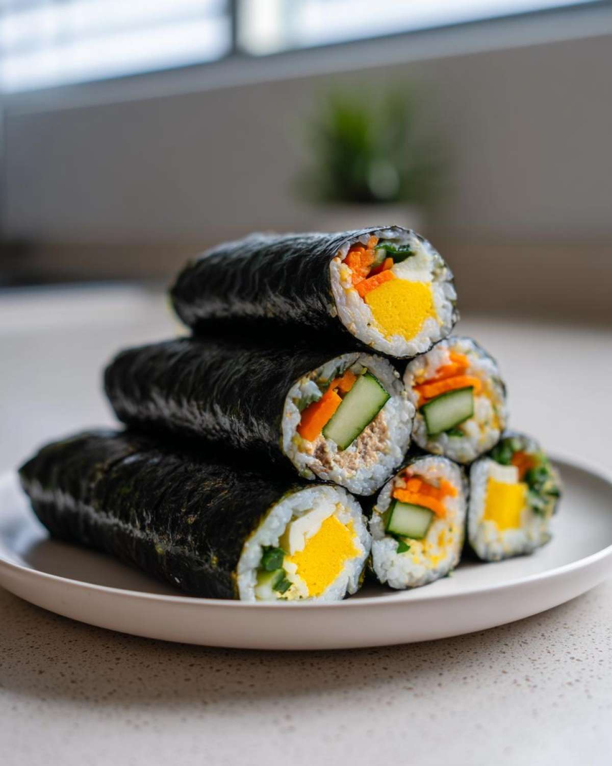 A stack of freshly cut tuna kimbap rolls showing fillings like egg, carrots, and cucumber on a white plate.