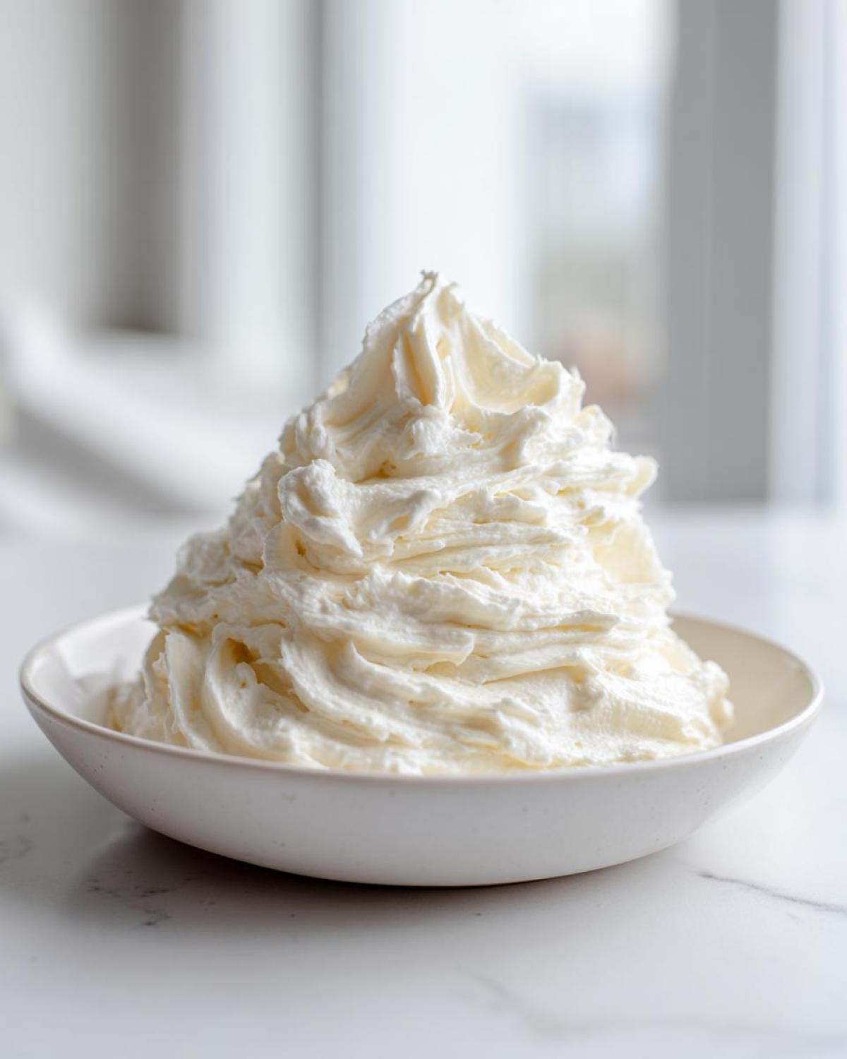 A generous mound of perfectly piped, creamy vanilla buttercream frosting in a white bowl.