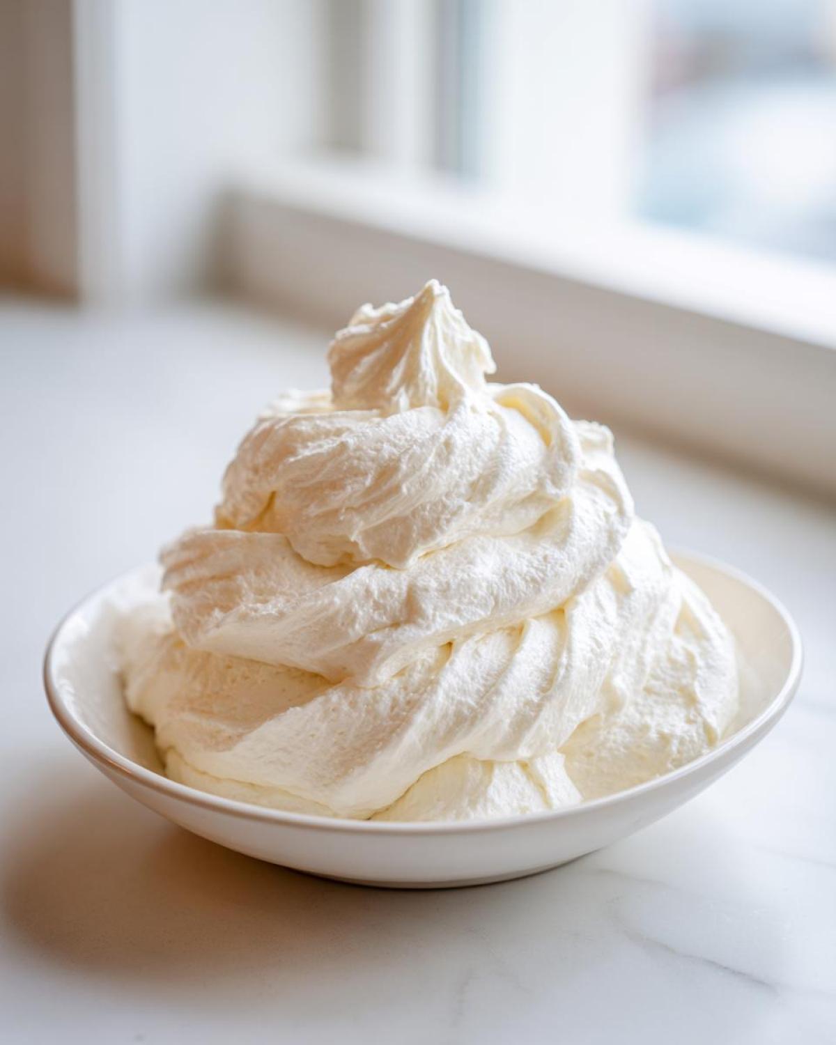 A generous swirl of fluffy, white vanilla buttercream frosting piled high in a small white bowl.