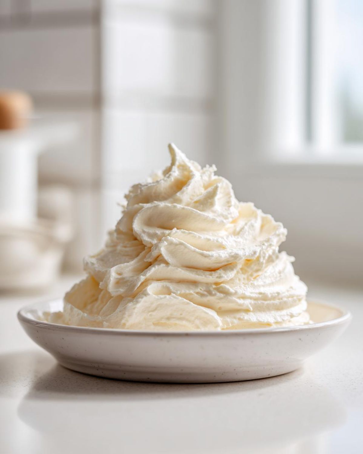 A tall swirl mound of fluffy, pale yellow vanilla buttercream frosting in a small white bowl.