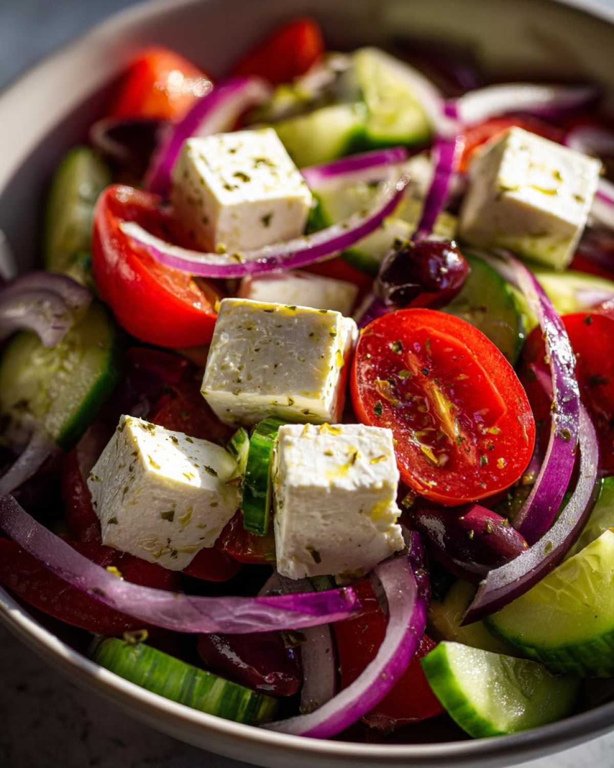 Close-up of a vibrant greek salad featuring large cubes of feta cheese, red onion slices, cucumbers, and tomatoes.