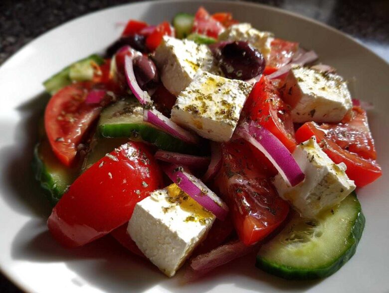 Close-up of a vibrant greek salad featuring large chunks of feta cheese, red tomatoes, cucumber, red onion, and Kalamata olives.