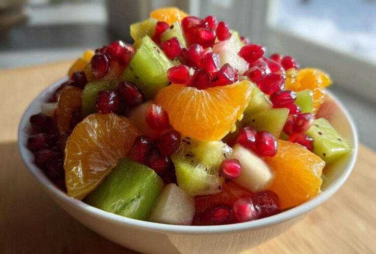 Close-up of a bright winter fruit salad featuring orange segments, green kiwi chunks, and bright red pomegranate seeds in a white bowl.