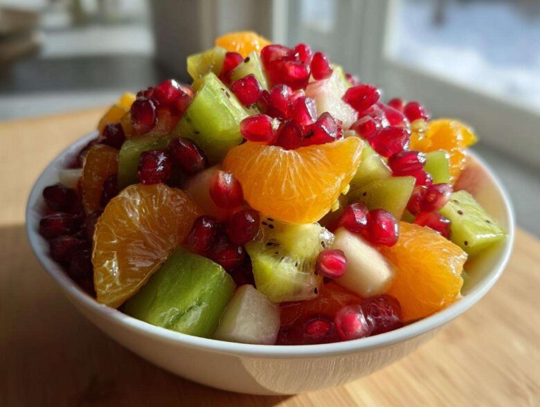 Close-up of a bright winter fruit salad featuring orange segments, green kiwi chunks, and bright red pomegranate seeds in a white bowl.