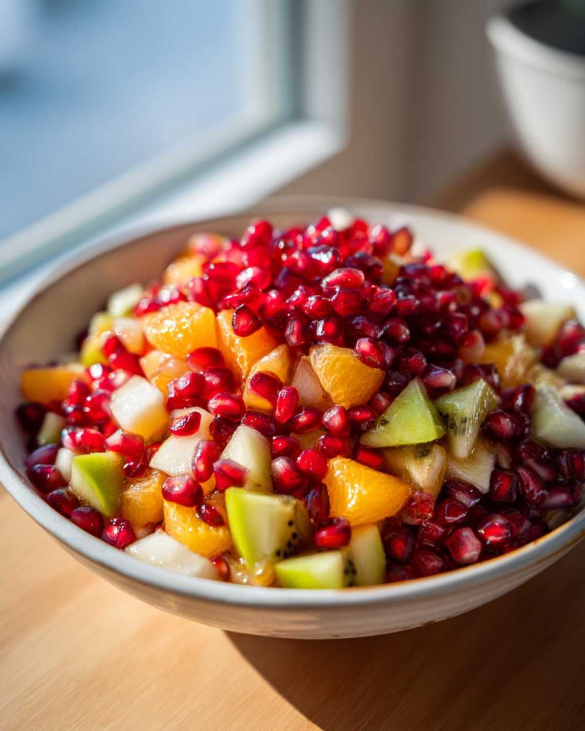 Close-up of a vibrant winter fruit salad featuring oranges, kiwi, white fruit chunks, and a generous topping of bright red pomegranate seeds.