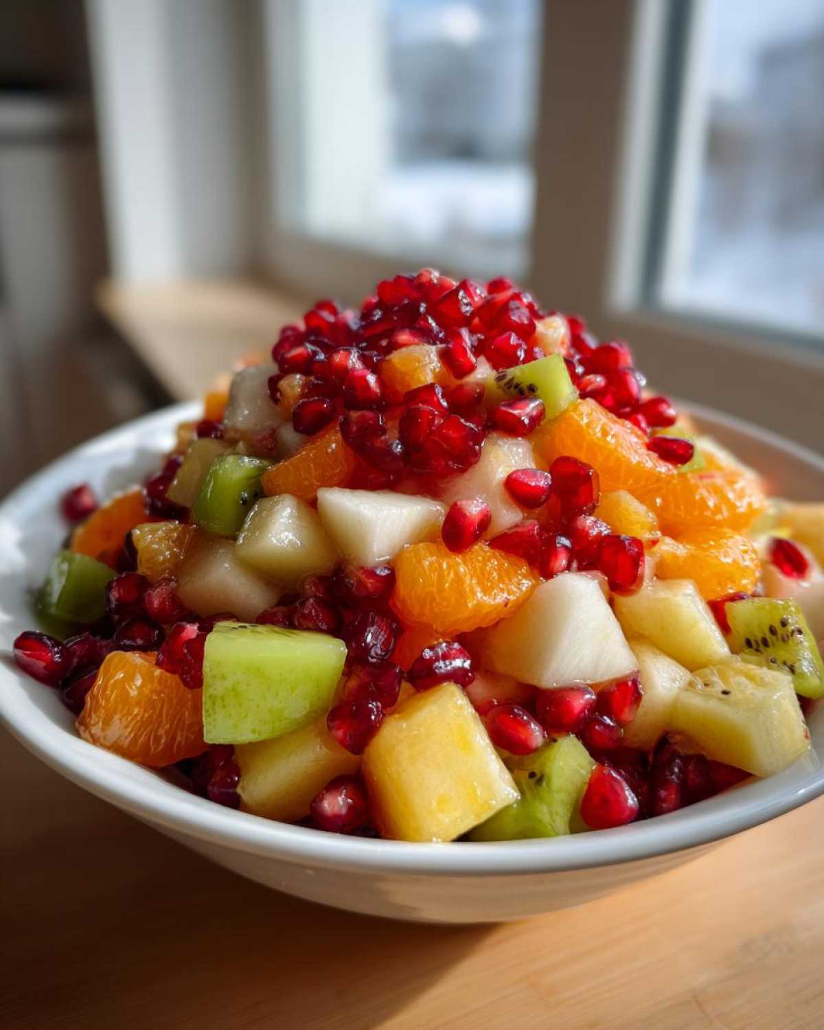 Close-up of a vibrant winter fruit salad featuring kiwi, orange segments, pineapple, and topped generously with pomegranate seeds.