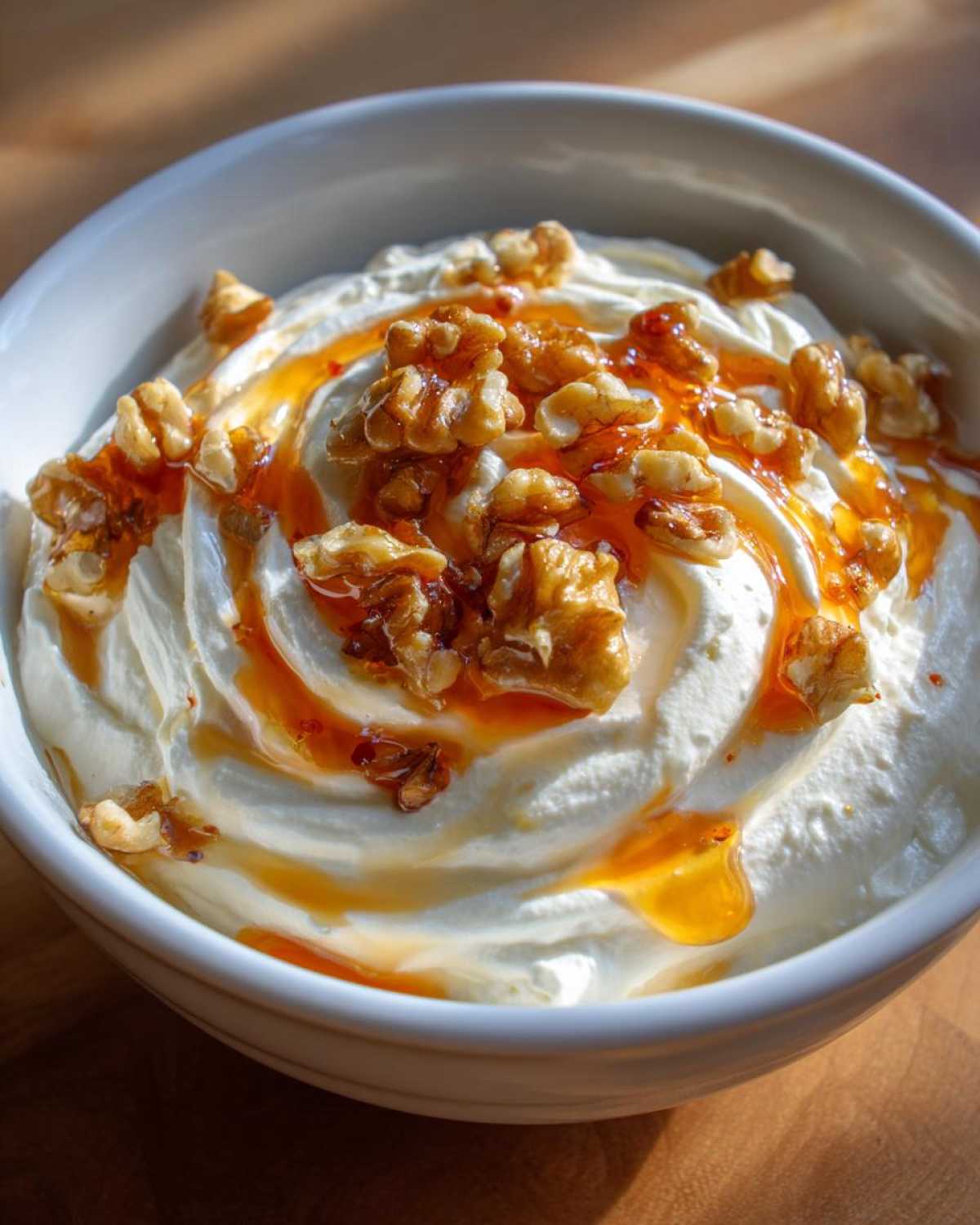 Close-up of a bowl of creamy whipped ricotta dip topped with a drizzle of honey and crunchy walnuts.