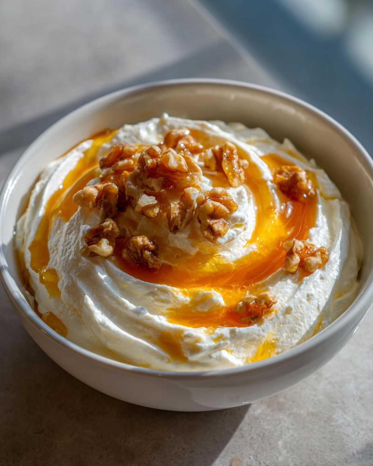 A close-up of creamy whipped ricotta dip drizzled with honey and topped with walnuts.