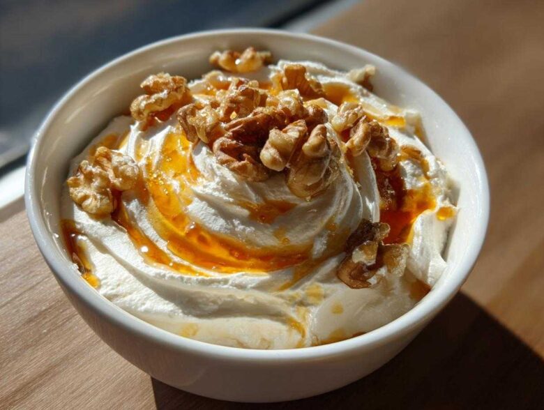 A close-up of a bowl of creamy whipped ricotta dip topped with a drizzle of honey and whole walnuts.