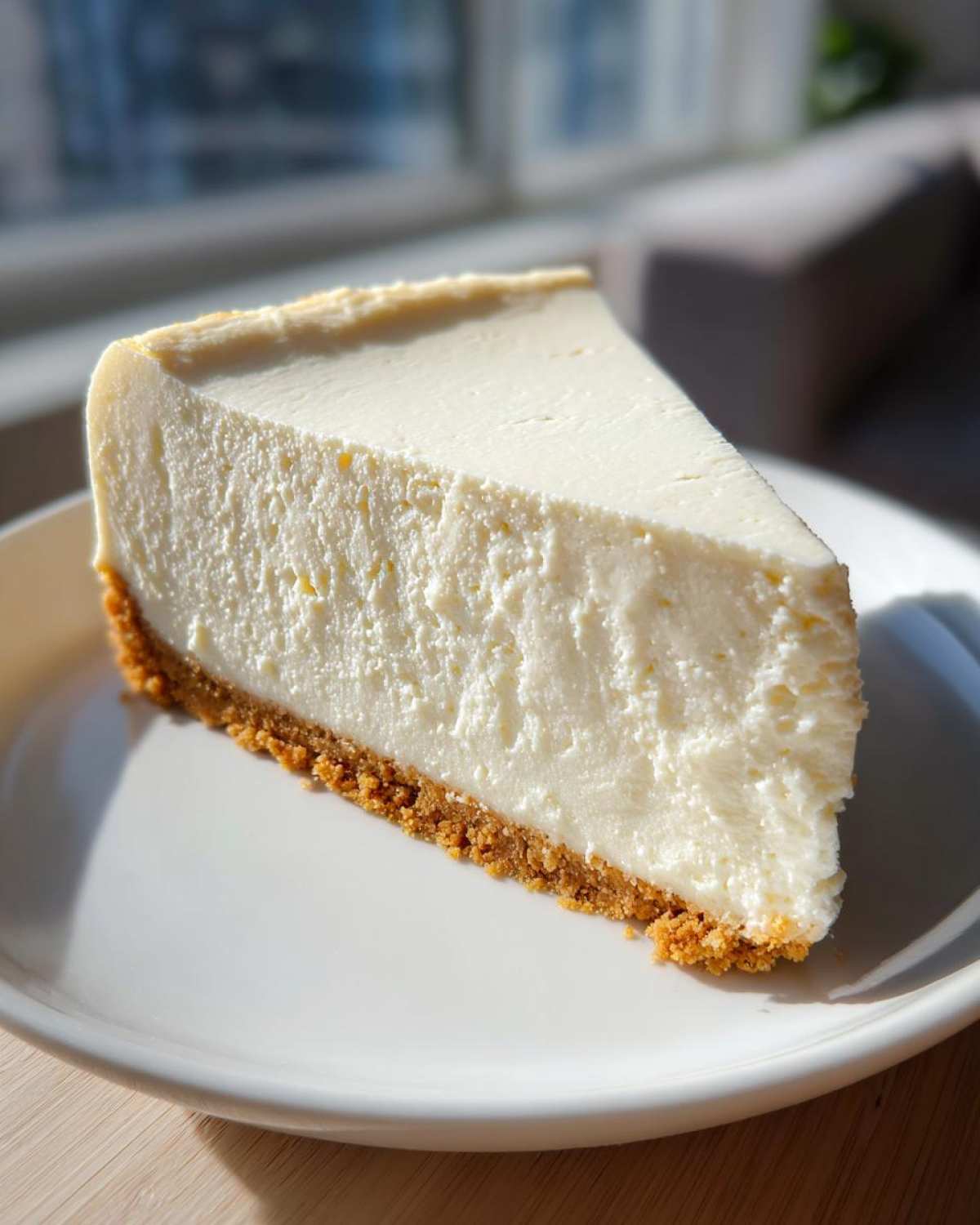 A perfect slice of creamy white chocolate cheesecake with a graham cracker crust on a white plate.