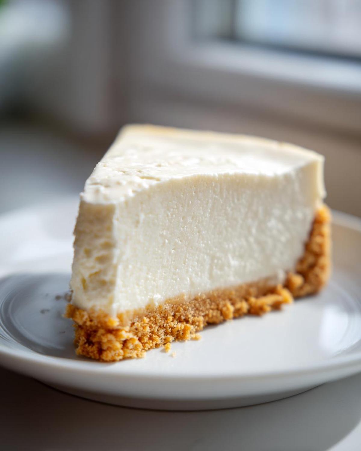 A perfect slice of creamy white chocolate cheesecake with a thick graham cracker crust on a white plate.